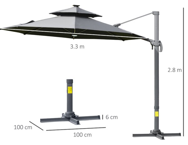 Outsunny 3m Cantilever Parasol w/ Solar Lights Power Bank Cross Base Adjustable Canopy 360° Spin Garden Umbrella 2-Tier Roof Sun Shade Grey Aosom UK