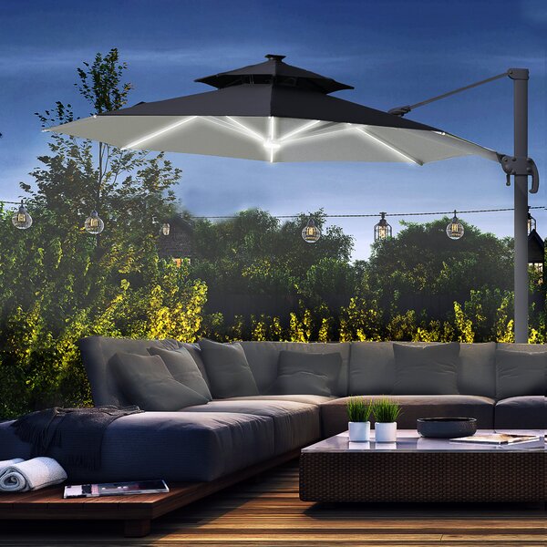 Outsunny 3m Cantilever Parasol w/ Solar Lights Power Bank Cross Base Adjustable Canopy 360° Spin Garden Umbrella 2-Tier Roof Sun Shade Grey Aosom UK