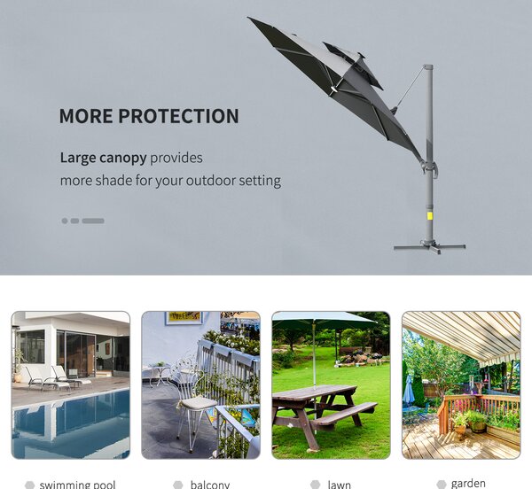 Outsunny 3m Cantilever Parasol w/ Solar Lights Power Bank Cross Base Adjustable Canopy 360° Spin Garden Umbrella 2-Tier Roof Sun Shade Grey Aosom UK