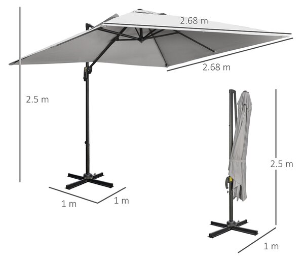 Outsunny 2.7 x 2.7 m Cantilever Parasol, Square Overhanging Umbrella with Cross Base, Crank Handle, Tilt, 360° Rotation and Aluminium Frame, Grey