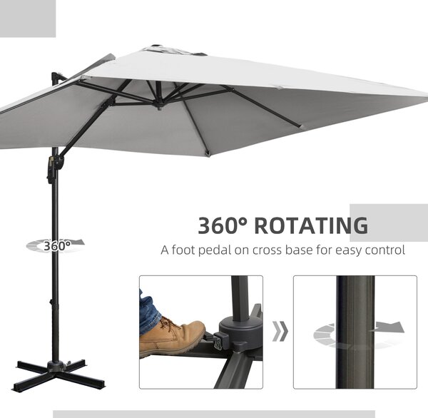 Outsunny 2.7 x 2.7 m Cantilever Parasol, Square Overhanging Umbrella with Cross Base, Crank Handle, Tilt, 360° Rotation and Aluminium Frame, Grey