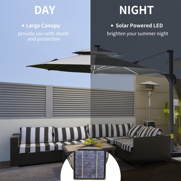 Outsunny 3m Cantilever Parasol w/ Solar Lights Power Bank Cross Base Adjustable Canopy 360° Spin Garden Umbrella 2-Tier Roof Sun Shade Grey Aosom UK