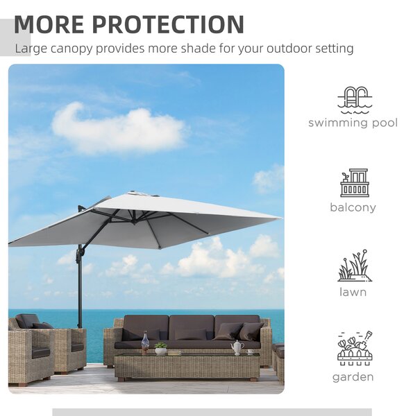 Outsunny 2.7 x 2.7 m Cantilever Parasol, Square Overhanging Umbrella with Cross Base, Crank Handle, Tilt, 360° Rotation and Aluminium Frame, Grey