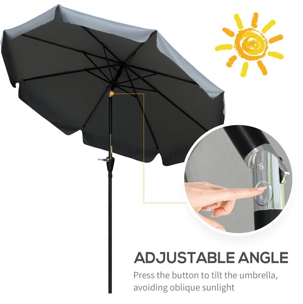 Outsunny 2.66m Patio Umbrella Garden Parasol Outdoor Sun Shade Table Umbrella with Ruffles, 8 Sturdy Ribs, Charcoal Grey