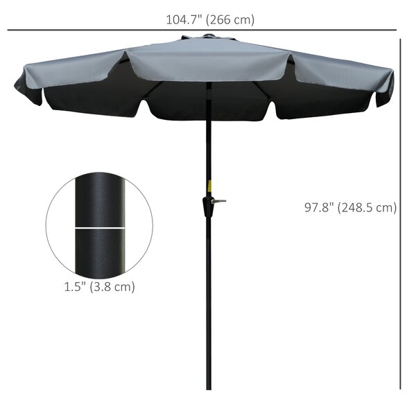 Outsunny 2.66m Patio Umbrella Garden Parasol Outdoor Sun Shade Table Umbrella with Ruffles, 8 Sturdy Ribs, Charcoal Grey