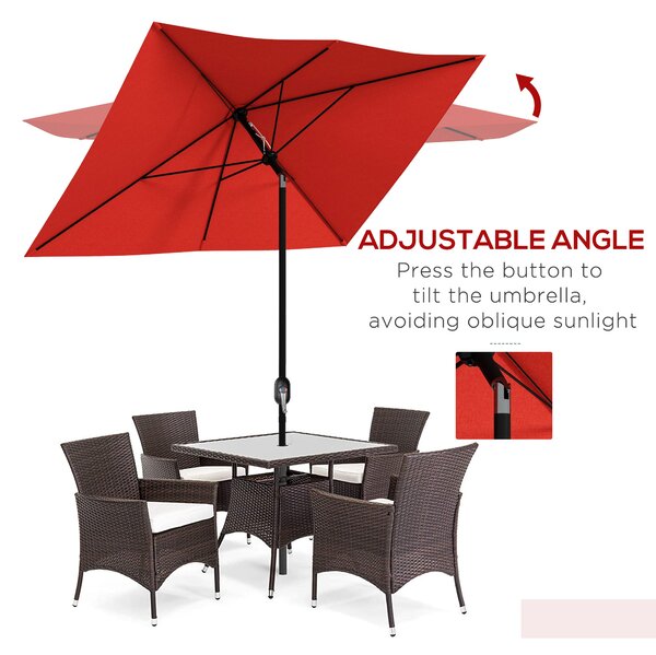 Outsunny 2 x 3(m) Garden Parasol Umbrella, Rectangular Outdoor Market Umbrella Sun Shade with Crank & Push Button Tilt, 6 Ribs, Wine Red