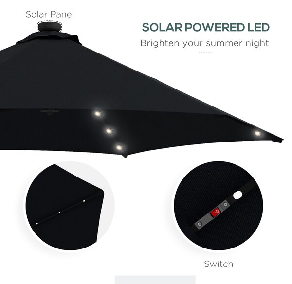 Outsunny Waterproof 3(m) Garden Parasol Cantilever Umbrella with Solar LED, Cross Base and Waterproof Cover, Black Aosom UK