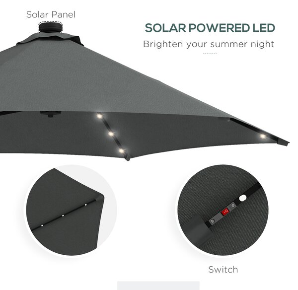 Outsunny 3(m) Garden Parasol Cantilever Umbrella with Solar LED, Cross Base and Waterproof Cover, Dark Grey