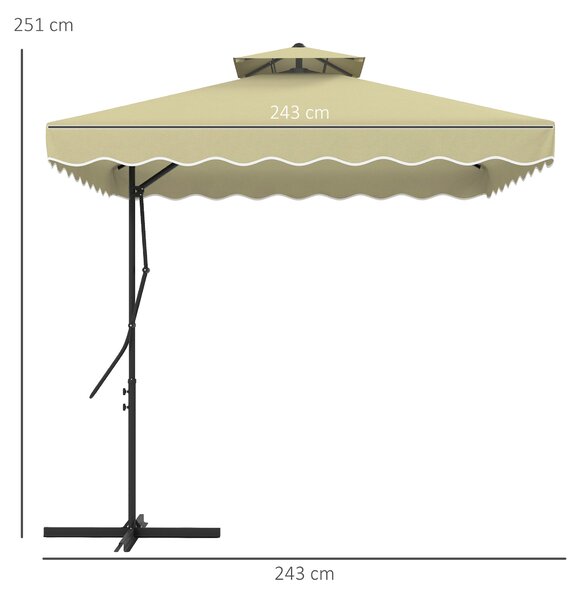 Outsunny 2.5m Square Double Top Garden Parasol Cantilever Umbrella with Ruffles, Beige