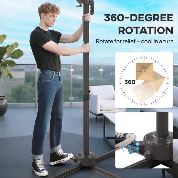 Outsunny 2.5m Cantilever Parasol with Solar Powered LED Lights, 360° Rotation, Tilt Adjustment, Crank Handle, Khaki