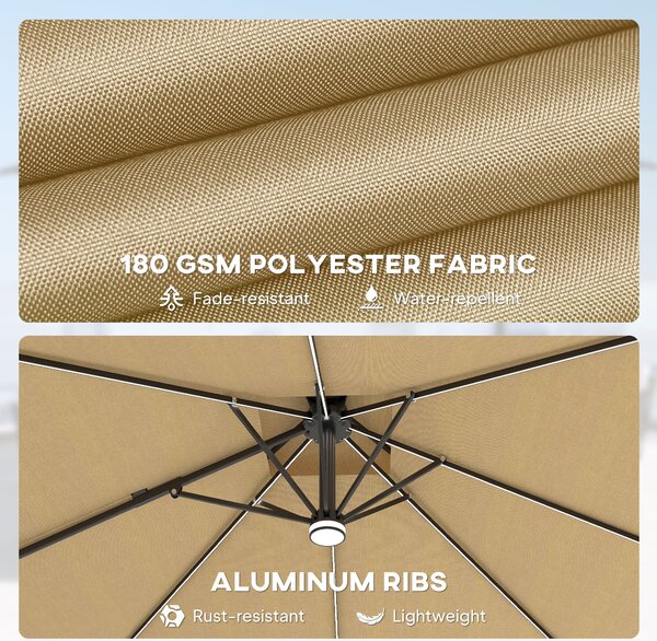 Outsunny 2.5m Cantilever Parasol with Solar Powered LED Lights, 360° Rotation, Tilt Adjustment, Crank Handle, Khaki