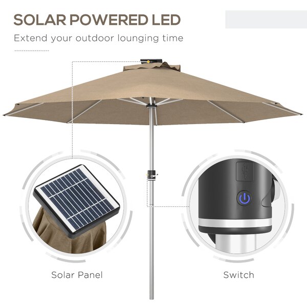 Outsunny Waterproof LED Patio Umbrella, Lighted Deck Umbrella with 4 Lighting Modes, Solar & USB Charging, Khaki Aosom UK