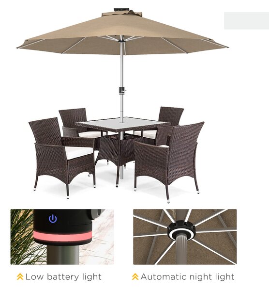 Outsunny Waterproof LED Patio Umbrella, Lighted Deck Umbrella with 4 Lighting Modes, Solar & USB Charging, Khaki Aosom UK