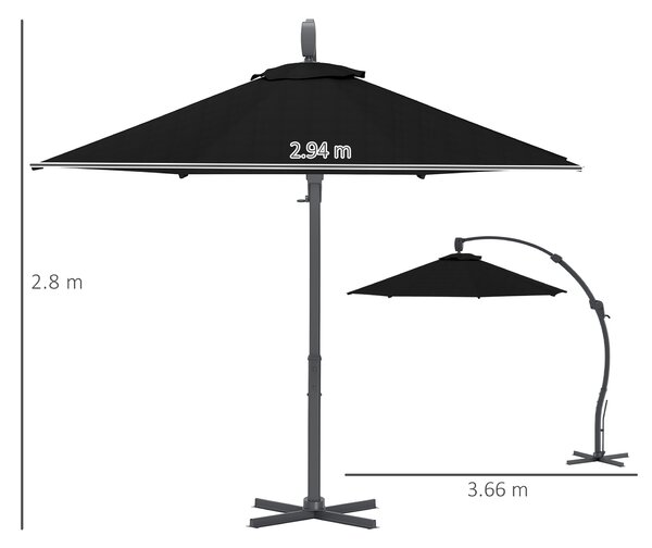 Outsunny 3(m) Garden Cantilever Parasol, Round Overhanging Umbrella with Crank Handle, Cross Base, Aluminium Frame and 360° Rotation, Banana Patio Umbrella for Outdoor Sun Shade, Black