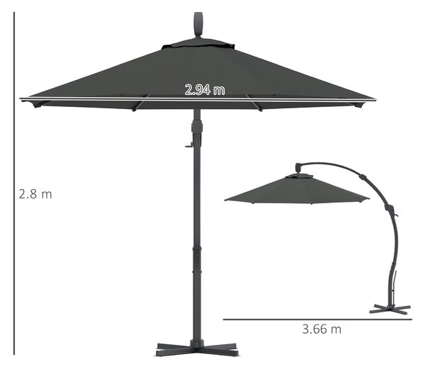 Outsunny 3(m) Garden Cantilever Parasol, Round Overhanging Umbrella with Crank Handle, Cross Base, Aluminium Frame and 360° Rotation, Banana Patio Umbrella for Outdoor Sun Shade, Grey
