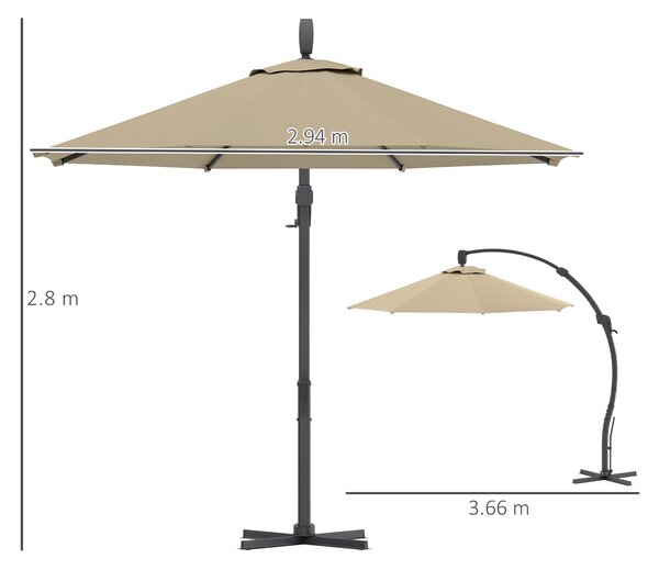 Outsunny 3(m) Garden Cantilever Parasol, Round Overhanging Umbrella with Crank Handle, Cross Base, Aluminium Frame and 360° Rotation, Banana Patio Umbrella for Outdoor Sun Shade, Khaki