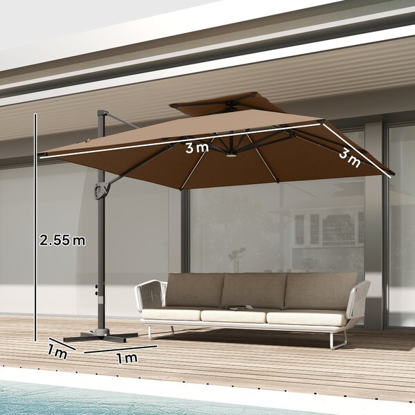 Outsunny 3.5x3 m Garden Cantilever Parasol with Solar LED Lights and Centre Light, Aluminium Large Square Patio Umbrella, UPF50+ Hanging Sun Shade with Cross Base, Crank Handle and Tilt, Khaki