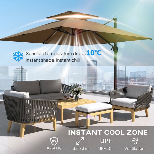 Outsunny 3.5x3 m Garden Cantilever Parasol with Solar LED Lights and Centre Light, Aluminium Large Square Patio Umbrella, UPF50+ Hanging Sun Shade with Cross Base, Crank Handle and Tilt, Khaki