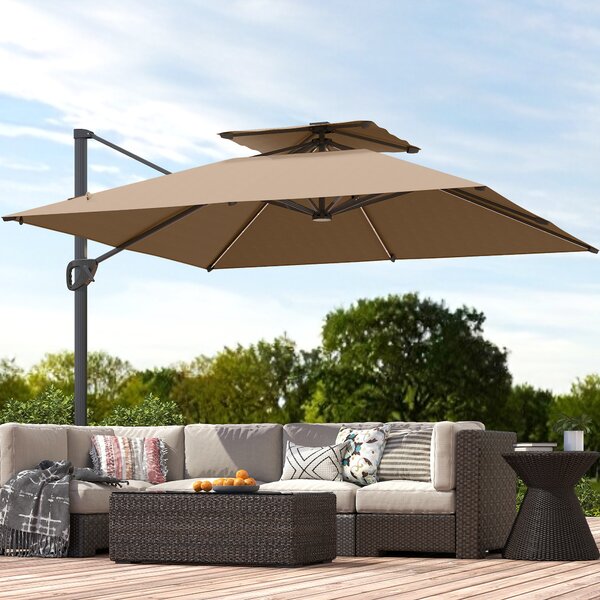 Outsunny 3.5x3 m Garden Cantilever Parasol with Solar LED Lights and Centre Light, Aluminium Large Square Patio Umbrella, UPF50+ Hanging Sun Shade with Cross Base, Crank Handle and Tilt, Khaki