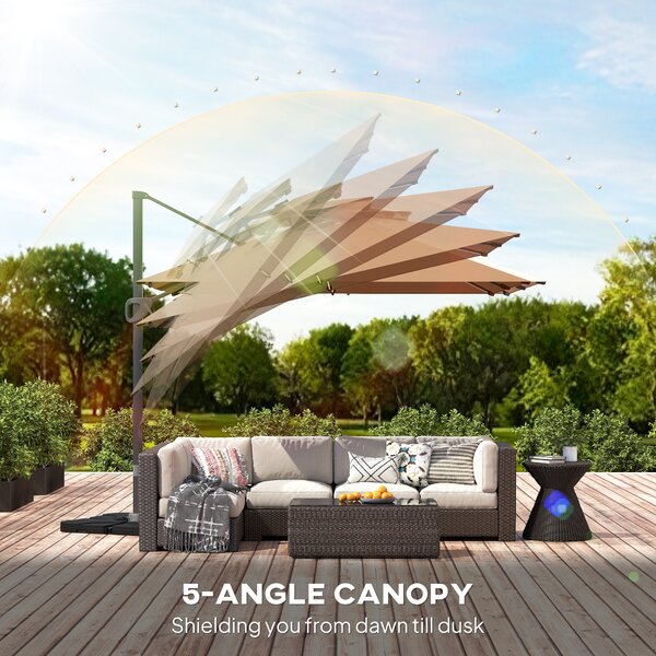 Outsunny 3.5x3 m Garden Cantilever Parasol with Solar LED Lights and Centre Light, Aluminium Large Square Patio Umbrella, UPF50+ Hanging Sun Shade with Cross Base, Crank Handle and Tilt, Khaki