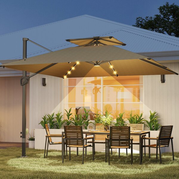 Outsunny 3.5x3 m Garden Cantilever Parasol with Solar LED Lights and Centre Light, Aluminium Large Square Patio Umbrella, UPF50+ Hanging Sun Shade with Cross Base, Crank Handle and Tilt, Khaki