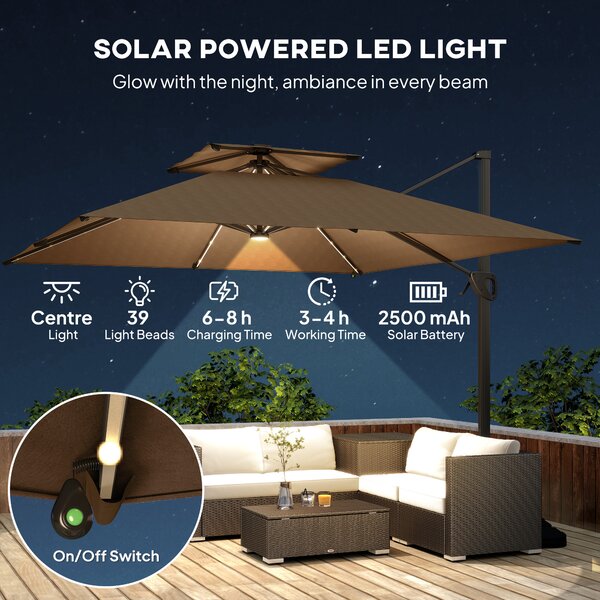 Outsunny 3.5x3 m Garden Cantilever Parasol with Solar LED Lights and Centre Light, Aluminium Large Square Patio Umbrella, UPF50+ Hanging Sun Shade with Cross Base, Crank Handle and Tilt, Khaki