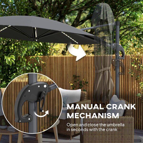 Outsunny 3m Cantilever Garden Parasol, UPF 50+ Parasol Umbrella 360° Rotation with Strong Ribs, Crank Handle, Dark Grey Aosom UK