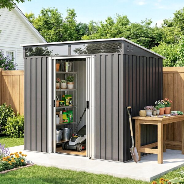 Outsunny 4x6 Metal Shed with Foundation, Lockable Sliding Doors, Garden Shed with 2 Vents for Bike and Tool, Grey Aosom UK
