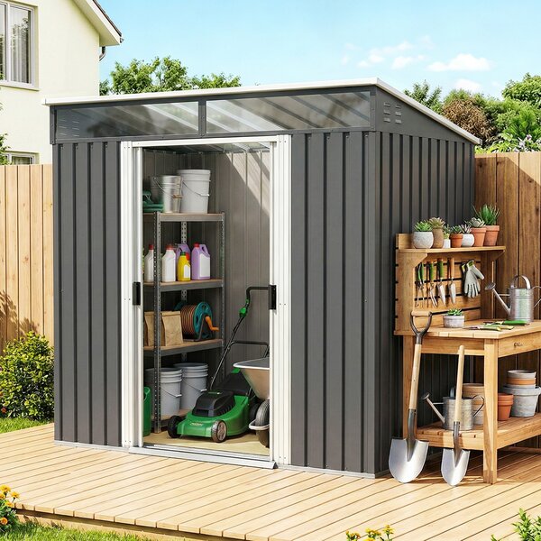 Outsunny 4x6 Metal Shed with Foundation, Lockable Sliding Doors, Garden Shed with 2 Vents for Bike and Tool, Grey Aosom UK