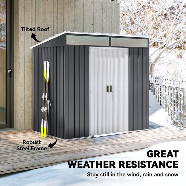 Outsunny 4x6 Metal Shed with Foundation, Lockable Sliding Doors, Garden Shed with 2 Vents for Bike and Tool, Grey Aosom UK