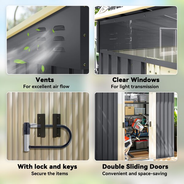 Outsunny 4x6 Metal Shed with Foundation, Lockable Sliding Doors, Garden Shed with 2 Vents for Bike and Tool, Grey Aosom UK