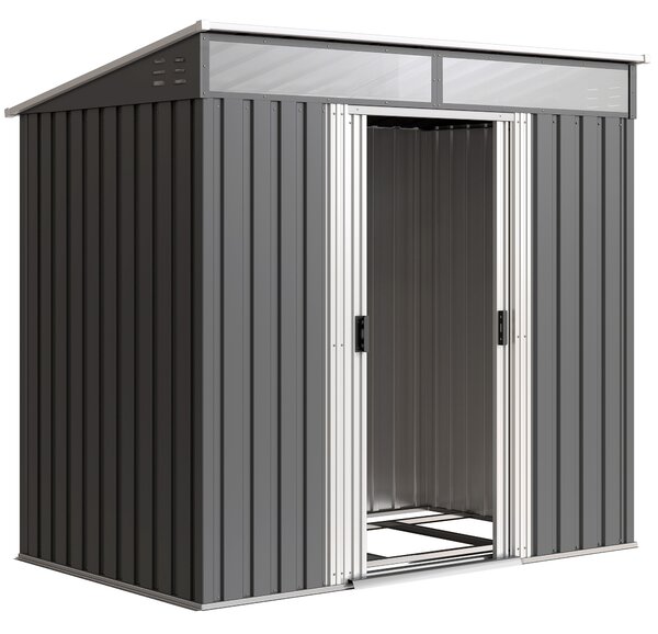 Outsunny 4x6 Metal Shed with Foundation, Lockable Sliding Doors, Garden Shed with 2 Vents for Bike and Tool, Grey Aosom UK