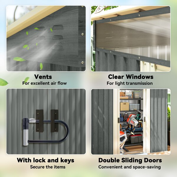 Outsunny 6.5 x 4FT Galvanised Metal Shed with Foundation Kit, Lockable Tool Garden Shed with Double Sliding Doors, Vents, Light Grey Wood Effect