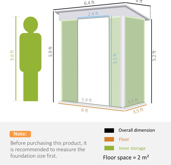Outsunny 6.5x4ft Galvanised Metal Garden Storage Shed with Foundation, Lockable Double Sliding Doors & Vents for Tools, Green Aosom UK