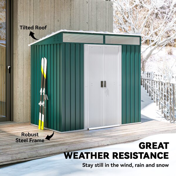 Outsunny 6.5x4ft Galvanised Metal Garden Storage Shed with Foundation, Lockable Double Sliding Doors & Vents for Tools, Green Aosom UK