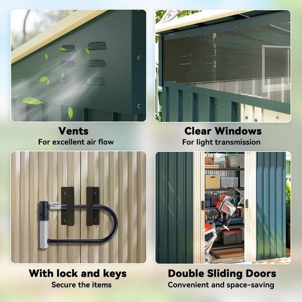Outsunny 6.5x4ft Galvanised Metal Garden Storage Shed with Foundation, Lockable Double Sliding Doors & Vents for Tools, Green Aosom UK