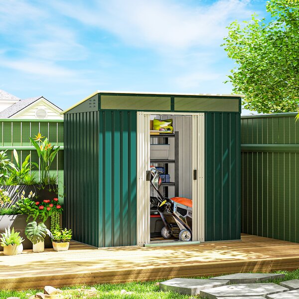 Outsunny 6.5x4ft Galvanised Metal Garden Storage Shed with Foundation, Lockable Double Sliding Doors & Vents for Tools, Green Aosom UK