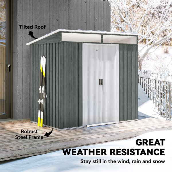 Outsunny 6.5 x 4FT Galvanised Metal Shed with Foundation Kit, Lockable Tool Garden Shed with Double Sliding Doors, Vents, Light Grey Wood Effect