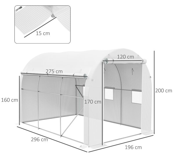 Outsunny 296 x 196cm Steel Frame Polytunnel Greenhouse - White Aosom UK