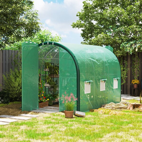 Outsunny 3 x 2m Polytunnel Greenhouse, Walk-in Tent with Steel Frame, PE Cocer, Vents & Doors foR Plant Growth, Green Aosom UK