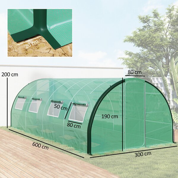 Outsunny Greenhouse and Polytunnels, Galvanised Steel Upgraded Structure Walk-in Polytunnel Greenhouse, 6 x 3m, Allows Sunlight, Green Aosom UK
