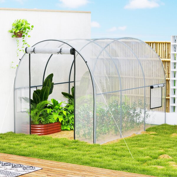 Outsunny Polytunnel Greenhouse Walk-in Grow House with Plasric Cover, Door, Mesh Window and Steel Frame, 3 x 2 x 2m, Clear Aosom UK