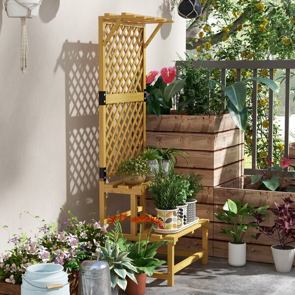 Outsunny Wooden Plant Stand with Trellis, Freestanding Raised Garden Bed for Climbing Plants, Vegetables and Flowers for Garden, Yellow