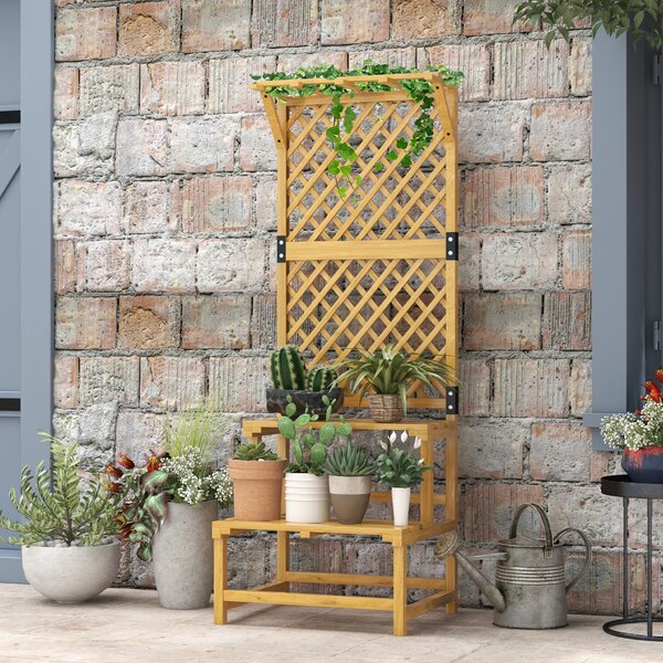Outsunny Wooden Plant Stand with Trellis, Freestanding Raised Garden Bed for Climbing Plants, Vegetables and Flowers for Garden, Yellow