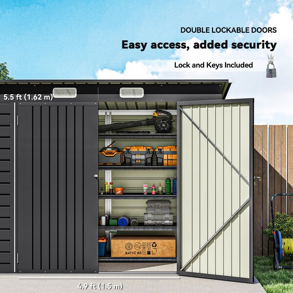 Outsunny 8 x 4FT Galvanised Garden Storage Shed, Metal Outdoor Shed with Double Doors and 2 Vents, Grey Aosom UK