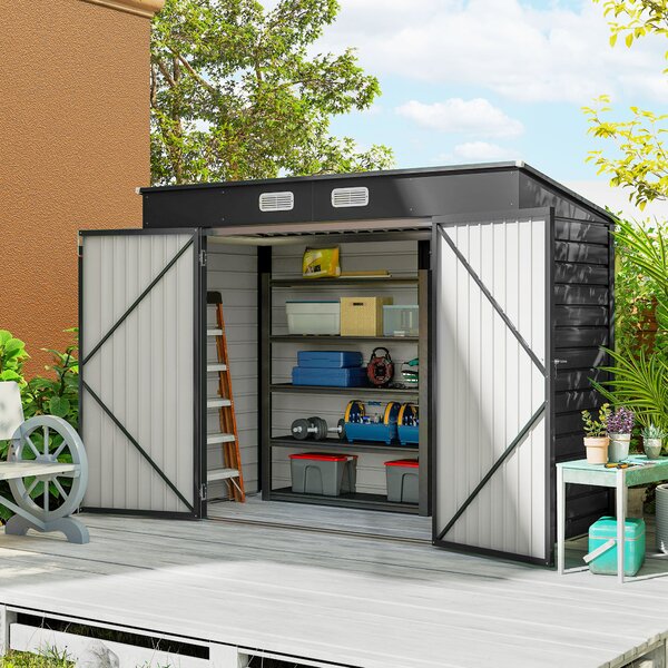 Outsunny 8 x 4FT Galvanised Garden Storage Shed, Metal Outdoor Shed with Double Doors and 2 Vents, Grey Aosom UK