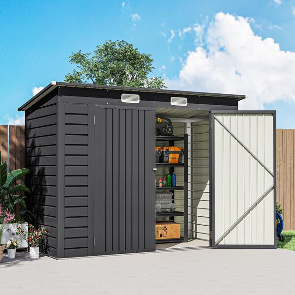 Outsunny 8 x 4FT Galvanised Garden Storage Shed, Metal Outdoor Shed with Double Doors and 2 Vents, Grey Aosom UK