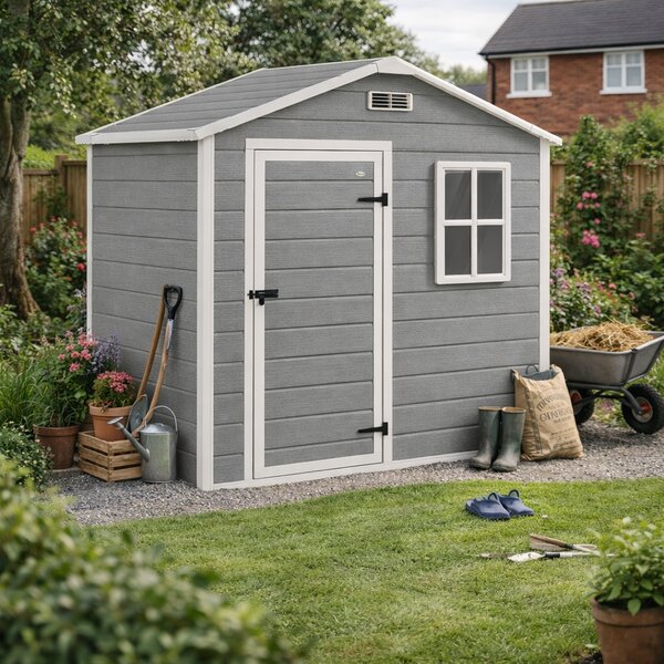 Outsunny 6 x 4ft Outdoor Shed with Foundation, Lockable Door, Vents, Windows, Plastic Shed for Tool Storage, Grey Aosom UK