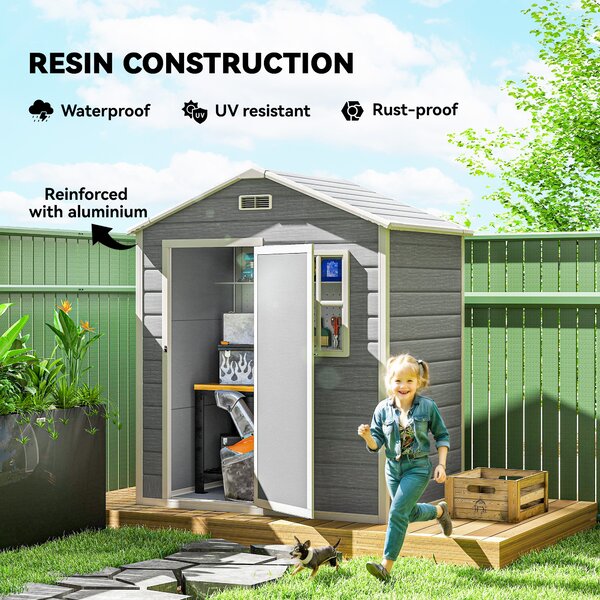 Outsunny 6 x 4ft Outdoor Shed with Foundation, Lockable Door, Vents, Windows, Plastic Shed for Tool Storage, Grey Aosom UK