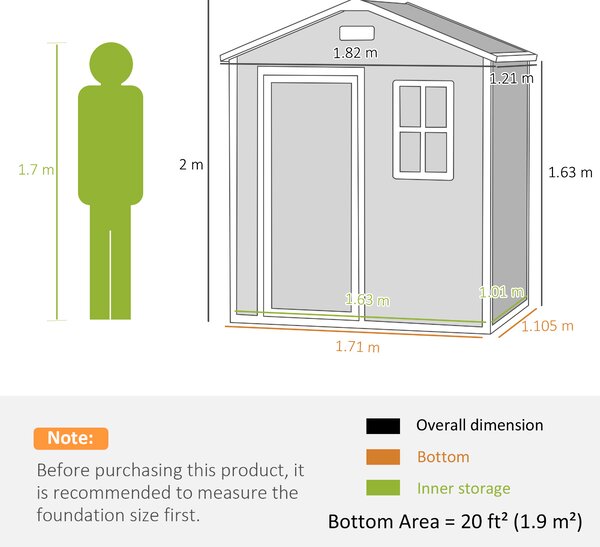 Outsunny 6 x 4ft Outdoor Shed with Foundation, Lockable Door, Vents, Windows, Plastic Shed for Tool Storage, Grey Aosom UK